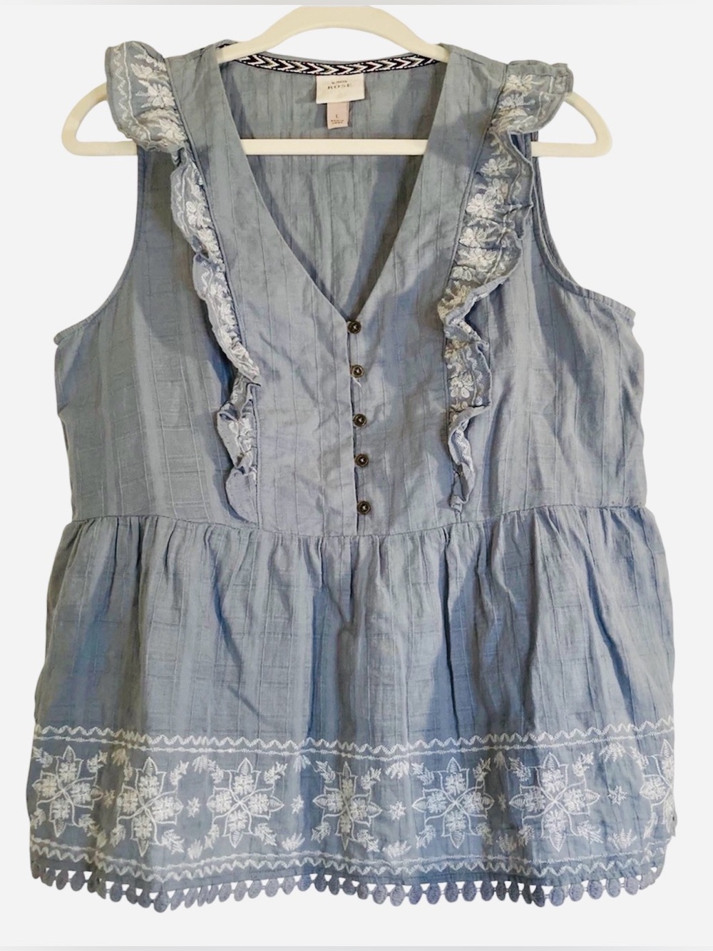 Knox Rose Blouse Top Sz Large Cotton Lace Embroidery Ruffle Button Peplum Blue